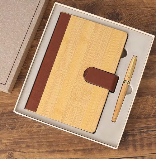 Promotional branding environmental cork bamboo hardcover notebook with widown shape U disk key tag gift set
