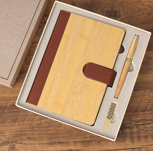 Promotional branding environmental cork bamboo hardcover notebook with widown shape U disk key tag gift set