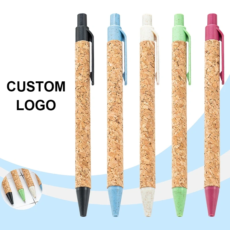 2024 New Product Customer logo ecological recycled eco friendly logo pen wheat straw material cork pen eco ballpoint pen