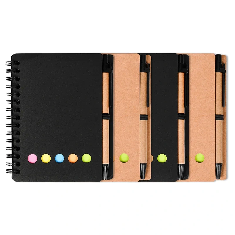 Custom Logo Cheap Spiral Notebook Kraft Paper Cover Notepad with Sticky Notes and eco-friendly pen