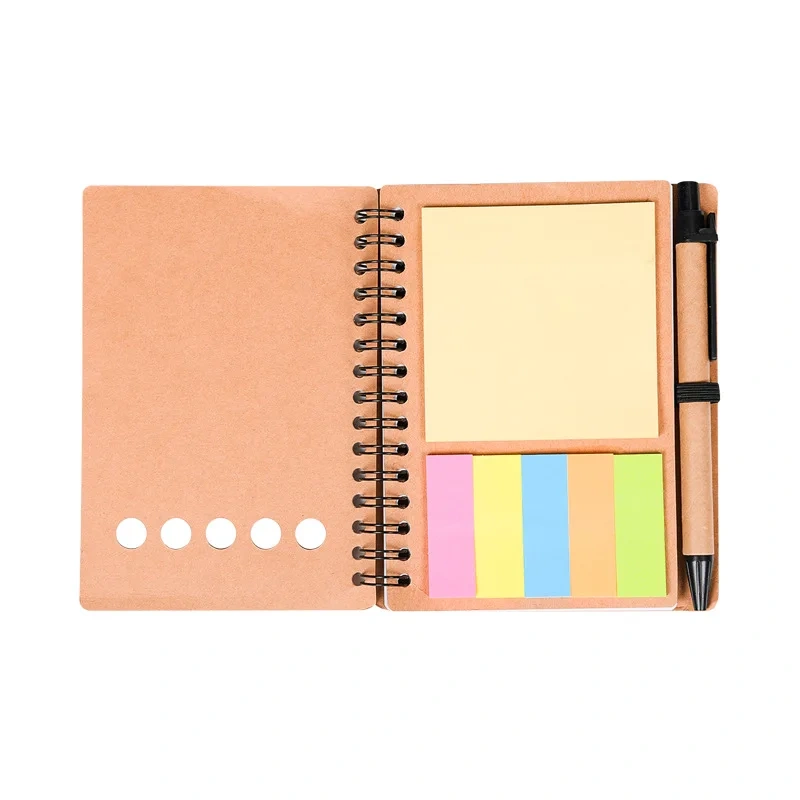 Custom Logo Cheap Spiral Notebook Kraft Paper Cover Notepad with Sticky Notes and eco-friendly pen
