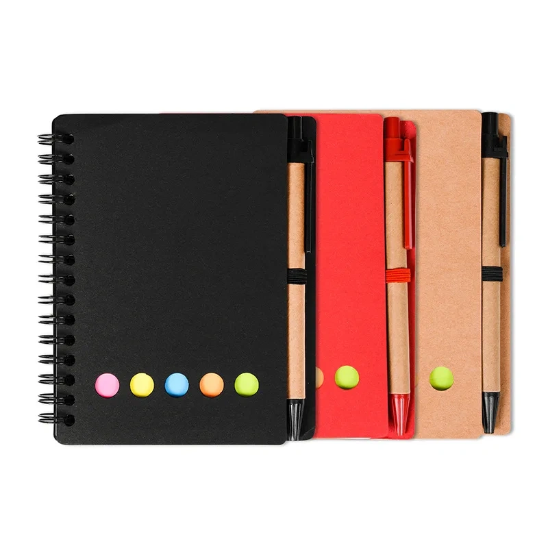 Custom Logo Cheap Spiral Notebook Kraft Paper Cover Notepad with Sticky Notes and eco-friendly pen