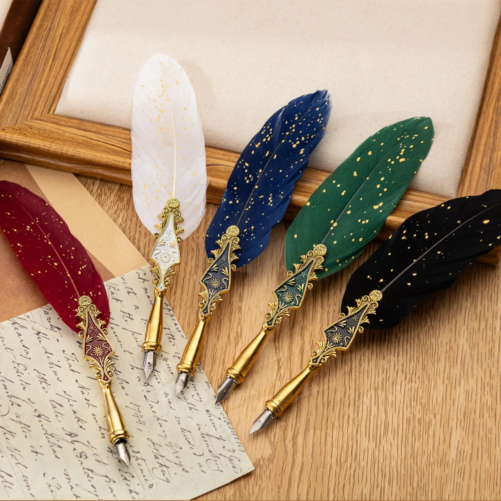 European Style Feather Pen Set Writing Smooth Wear Resistant Dip Pen Metal Design Feather Pen Set