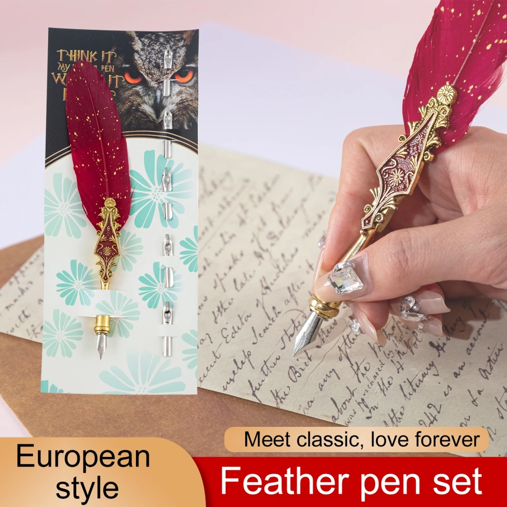 European Style Feather Pen Set Writing Smooth Wear Resistant Dip Pen Metal Design Feather Pen Set