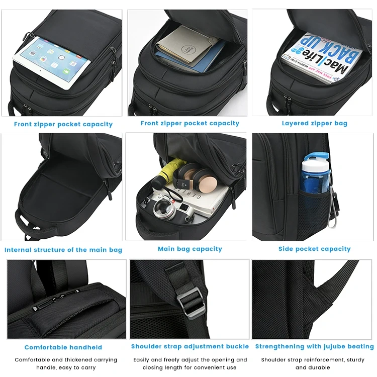Unisex Black Custom Logo Ergonomics Anti Theft Smart Nylon Laptop Backpacks School Bags With Usb