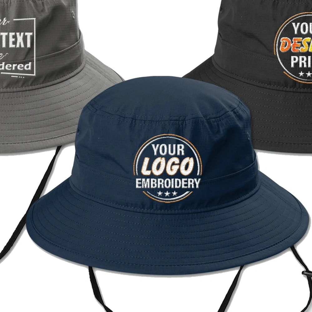 Custom Camp Hiking Fishing Waterproof Men Polyester Nylon Cap Mesh Tactical Surf Bucket Boonie Hat With String