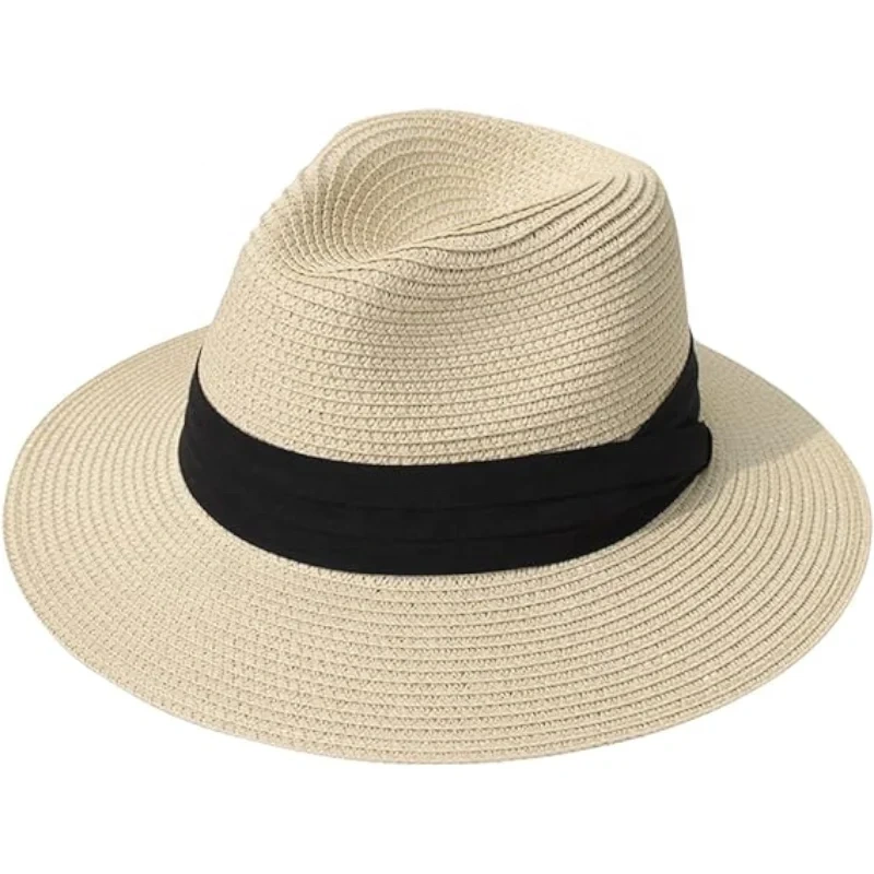 UPF50+Women Wide Brim Straw Panama Roll up Hat Fedora Beach Sun Hat
