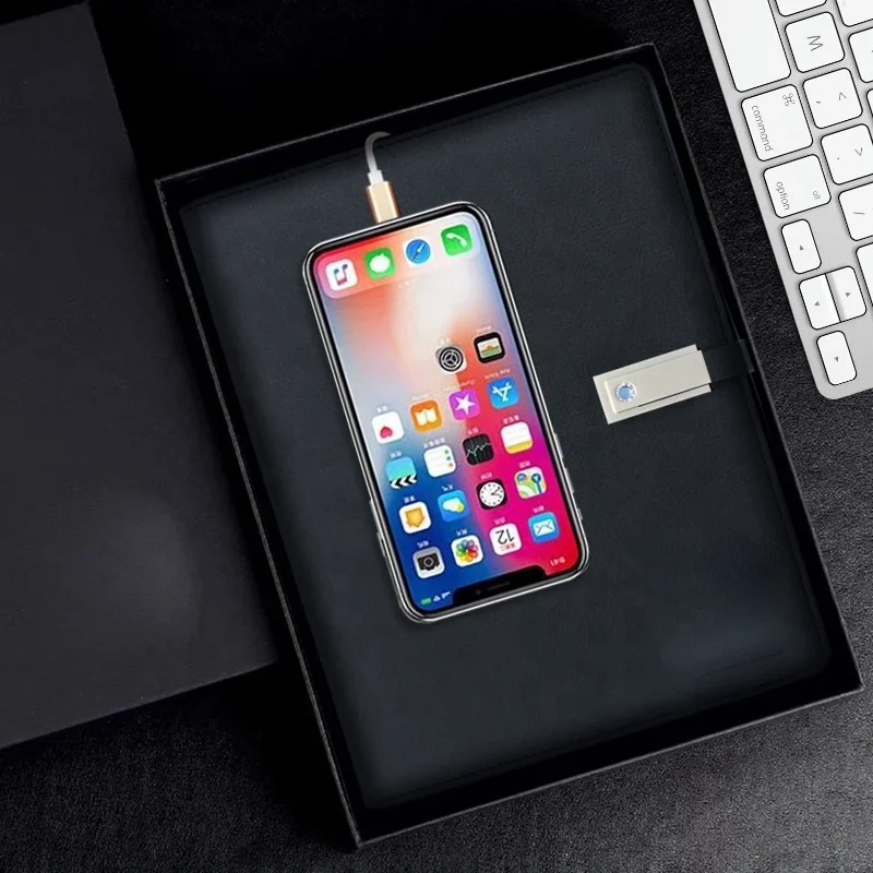 Business Planner A5 PU Cover Notebook 8000mAh Power Bank With LED logo USB Flash Drive Wireless Charging Notebook