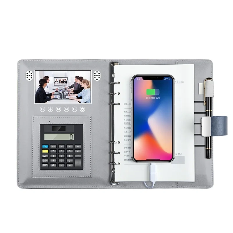 Custom Fingerprint Lock Leather Notebook Wireless Wired Powerbank Diary Video 4.3 Inch Screen Rechargeable 6000mah 16G Gift A5
