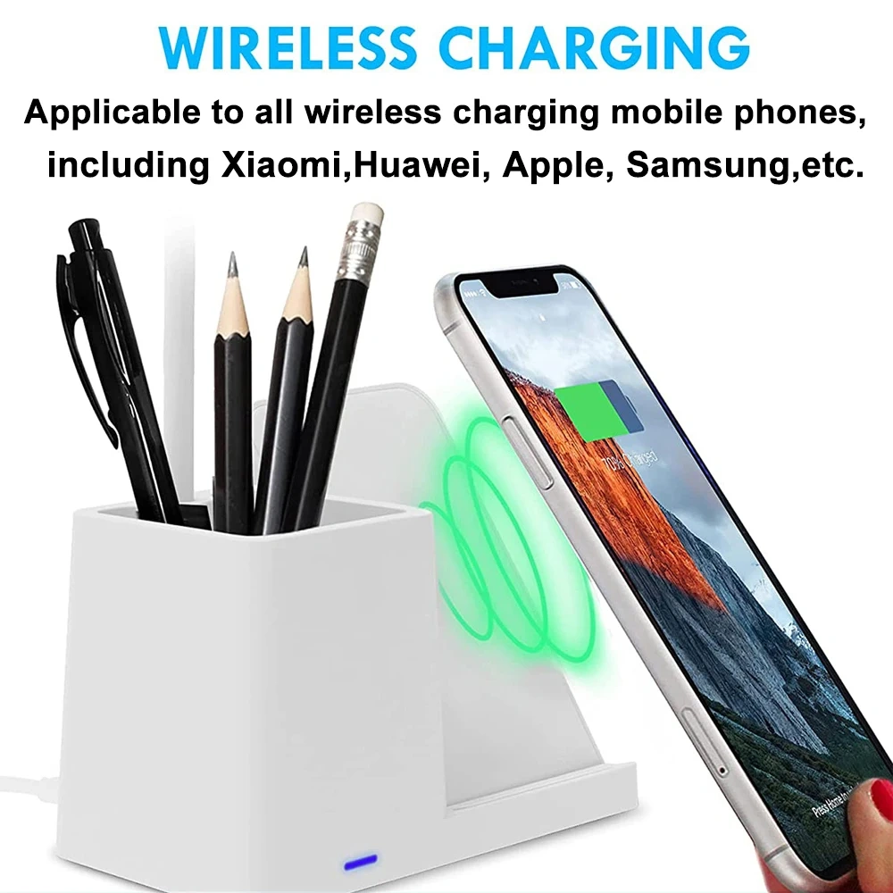 Wholesale Custom Logo 3-in-1 Mobile Phone 15W Wireless Charging Stand With Pen Holder LED Desk Lamp Promotional Gift