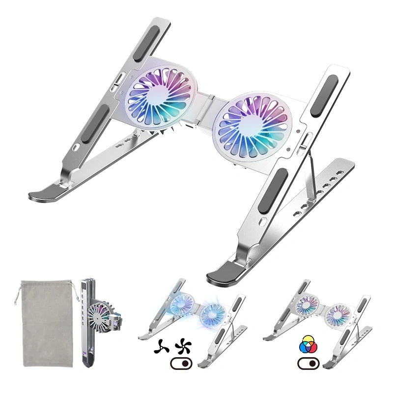 World Premiere Portable Foldable LED RGB Fan 7 Levels Adjustable Aluminum Laptop Stand Laptop Cooling Pad with Cooling Fan