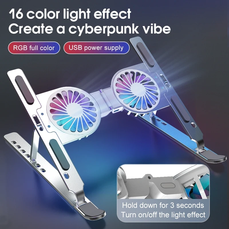 World Premiere Portable Foldable LED RGB Fan 7 Levels Adjustable Aluminum Laptop Stand Laptop Cooling Pad with Cooling Fan