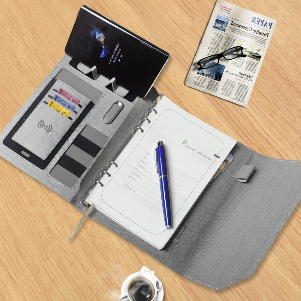 Multi Function Pu Leather Notebook A5 Wireless Charging Smart Notebook With Electric Clock Power Bank Smart Notebook