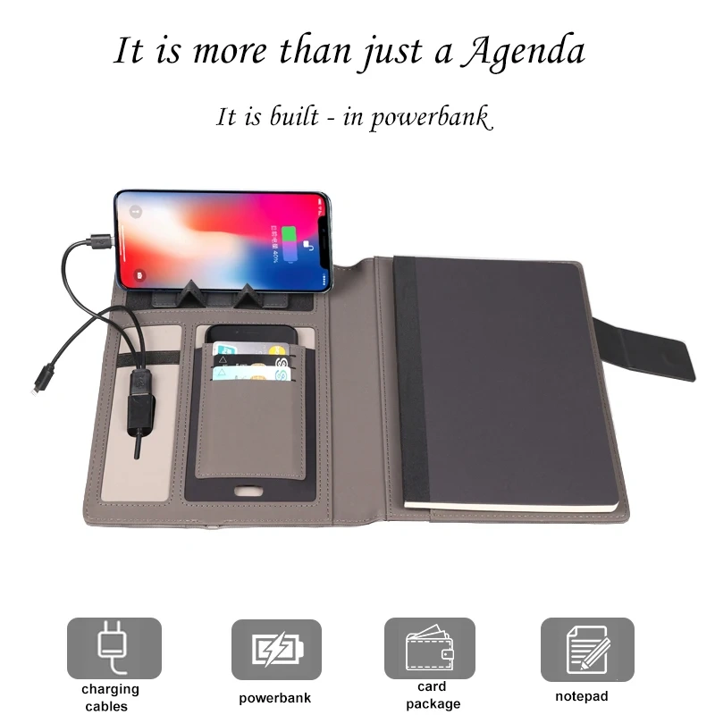 6000mah /8000mah Power Bank Notebook Smart Notebook Wireless Charger Business PU Leather Notebook Customized