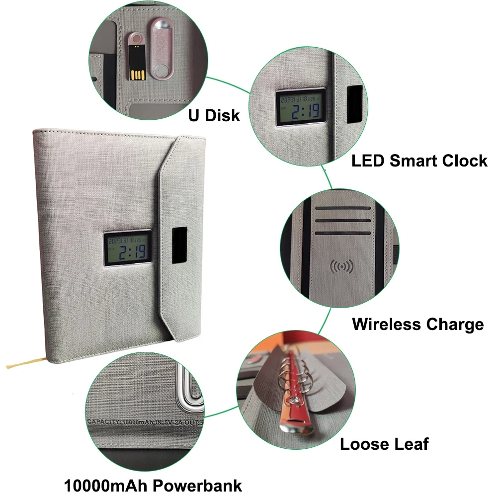 Multi Function Pu Leather Notebook A5 Wireless Charging Smart Notebook With Electric Clock Power Bank Smart Notebook