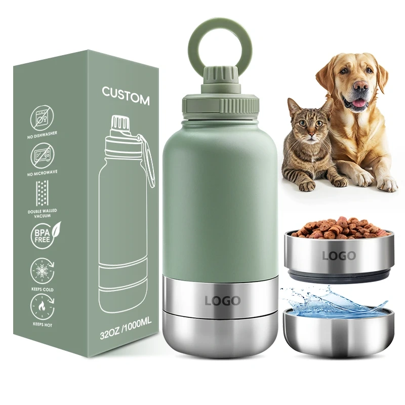 Custom logo 32 oz Double Wall Stainless Steel Insulated 3 in 1 Dog Pet Travel Water Bottle with Bowl