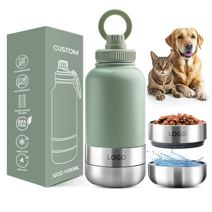 Custom logo 32 oz Double Wall Stainless Steel Insulated 3 in 1 Dog Pet Travel Water Bottle with Bowl
