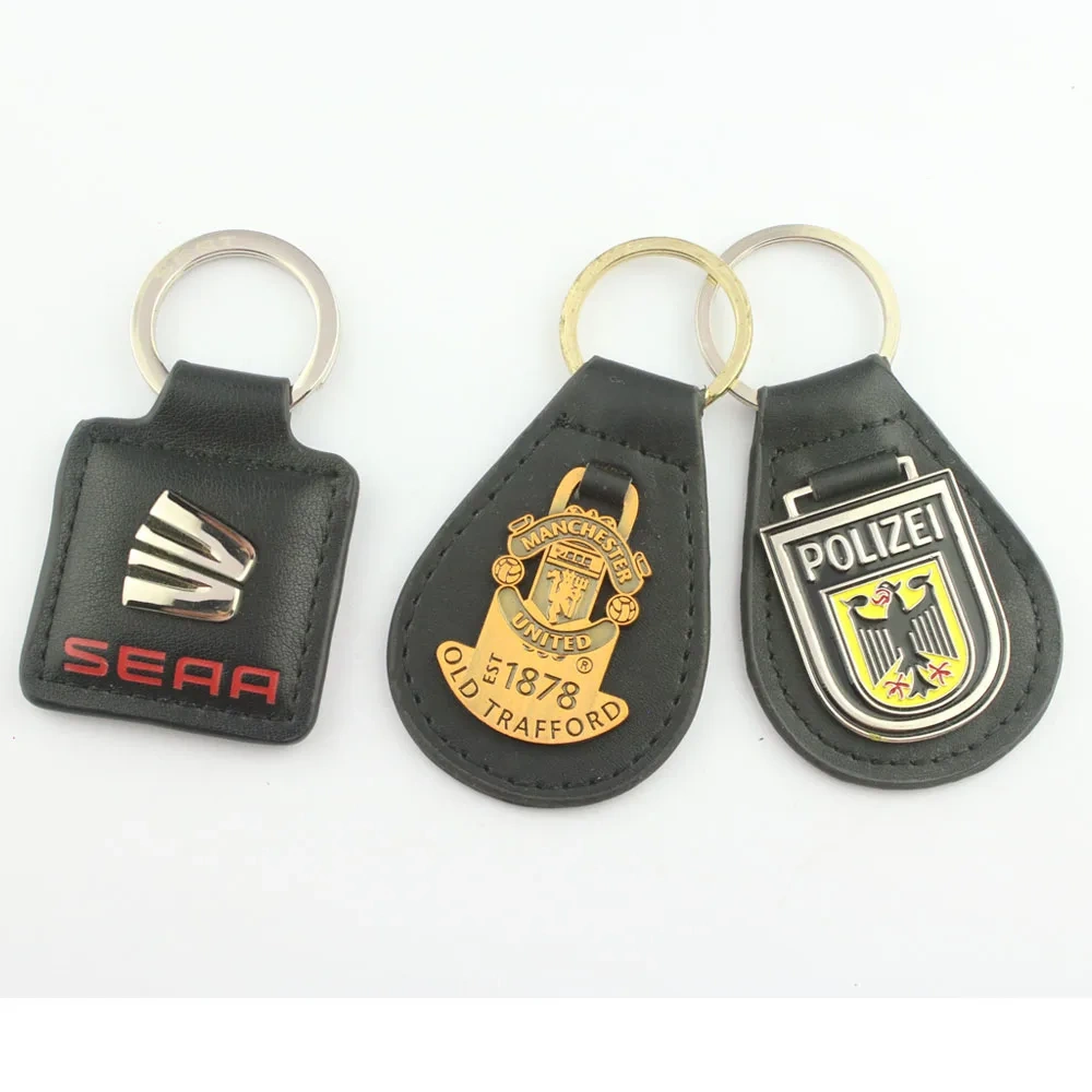 Custom Blank Leather Keyring Custom Logo Black Leather Metal Keychain
