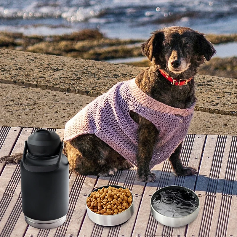 Custom logo 32 oz Double Wall Stainless Steel Insulated 3 in 1 Dog Pet Travel Water Bottle with Bowl