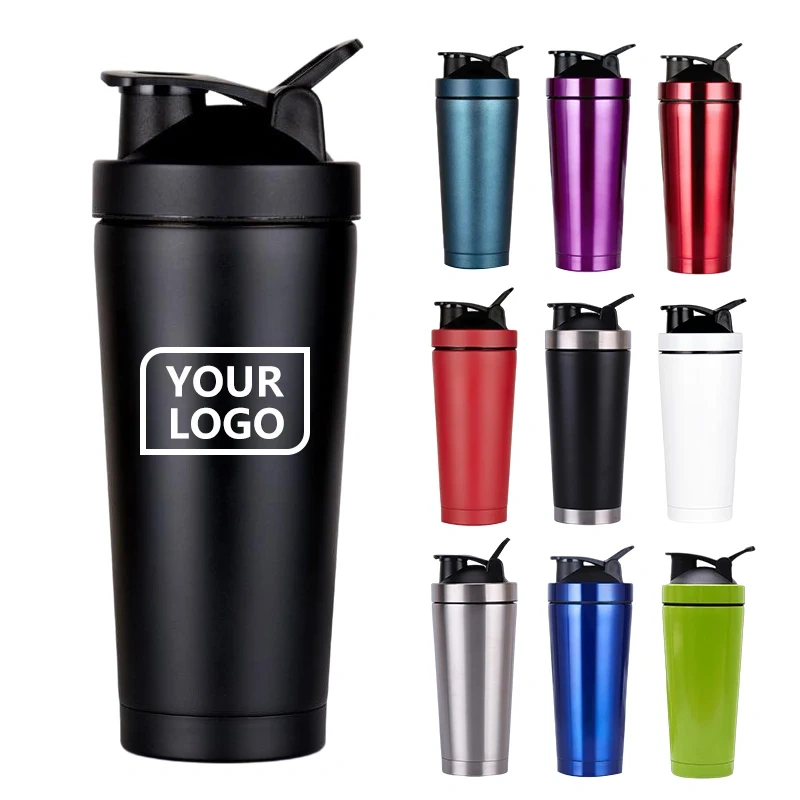 Custom logo 24oz Double Wall Metal Stainless Steel Flask Gym Fitness Workout Mixer Protein Shaker Bottle