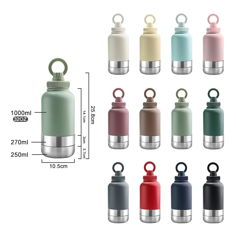 Custom logo 32 oz Double Wall Stainless Steel Insulated 3 in 1 Dog Pet Travel Water Bottle with Bowl