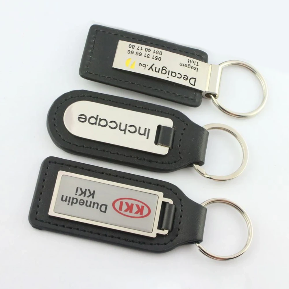 Custom Blank Leather Keyring Custom Logo Black Leather Metal Keychain