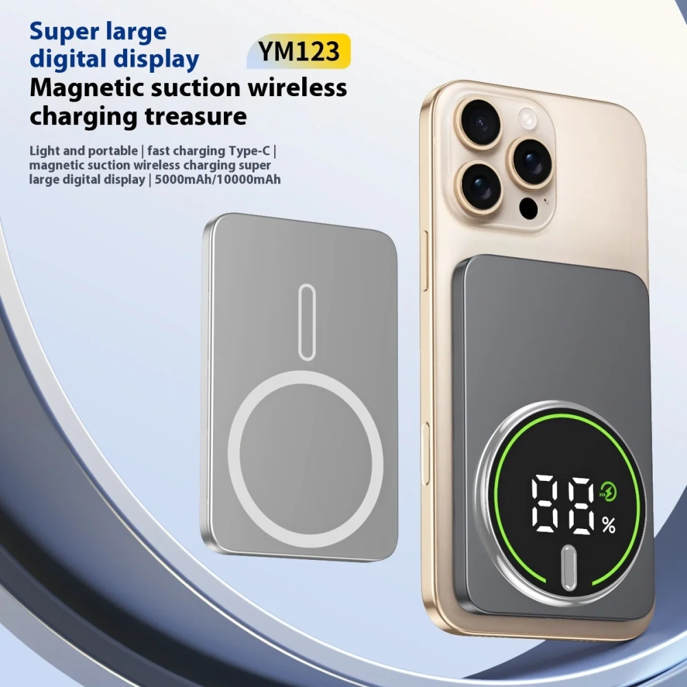Ultra Thin PowerBank Metal Display 5000mAh 10000mAh Wireless Fast Charging Portable Charger Slim Magnetic Power Bank for iphone