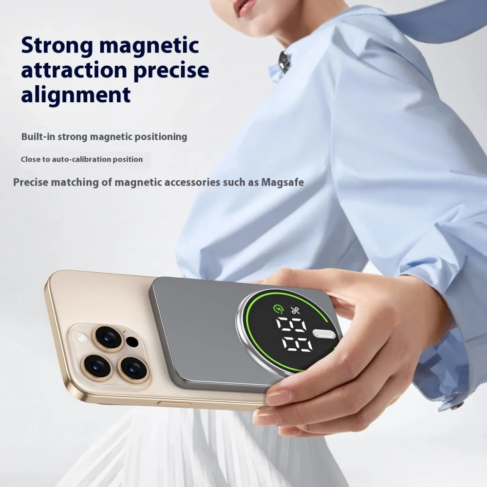 Ultra Thin PowerBank Metal Display 5000mAh 10000mAh Wireless Fast Charging Portable Charger Slim Magnetic Power Bank for iphone