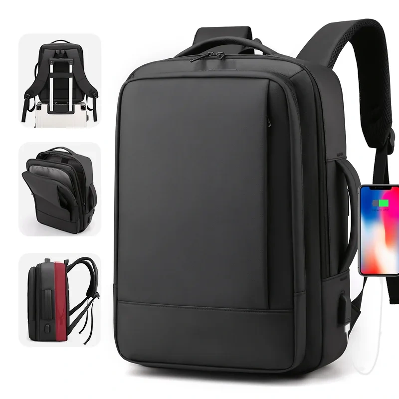 PU Leather Laptop Backpack With USB Port and Expandable Zipper Outdoor Travel Daily Shoulder Bag Waterproof Traveling Backpack