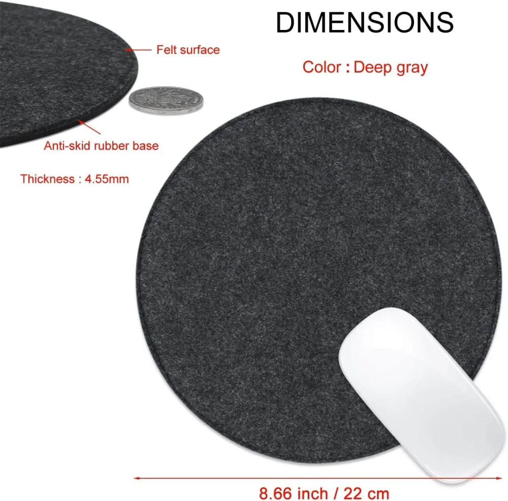 Felt Mouse Pad High Quality Custom Printing with Anti-Slip Base Rubber Bottom Round 8.66inch Non-slip