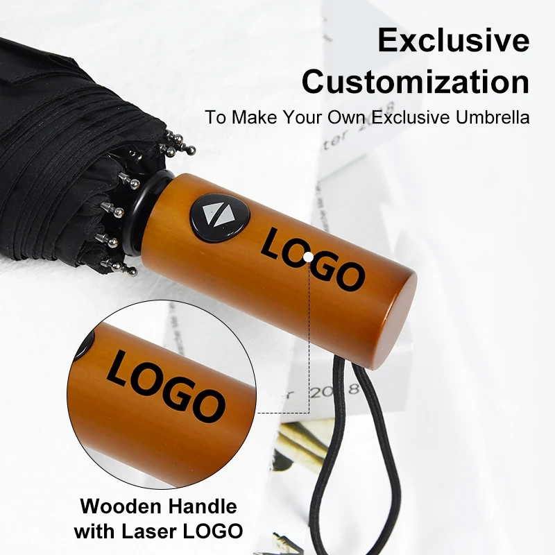 New Buy Bulk Wooden Handle Designer Auto Sunshade Paraguas Customised Compact Rain Automatic Windproof 3 Folding Umbrella