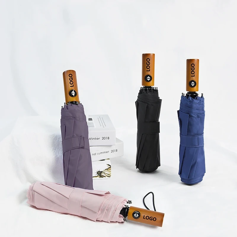 New Buy Bulk Wooden Handle Designer Auto Sunshade Paraguas Customised Compact Rain Automatic Windproof 3 Folding Umbrella