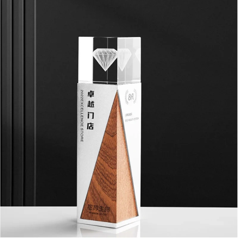 Shining Crystal Craft Custom Design K9 Crystal Glass Trophy Wood Award for Employee Recognition Metal Awards With Gift Box