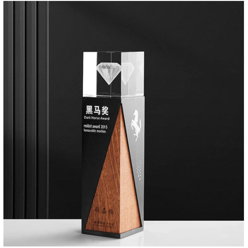 Shining Crystal Craft Custom Design K9 Crystal Glass Trophy Wood Award for Employee Recognition Metal Awards With Gift Box