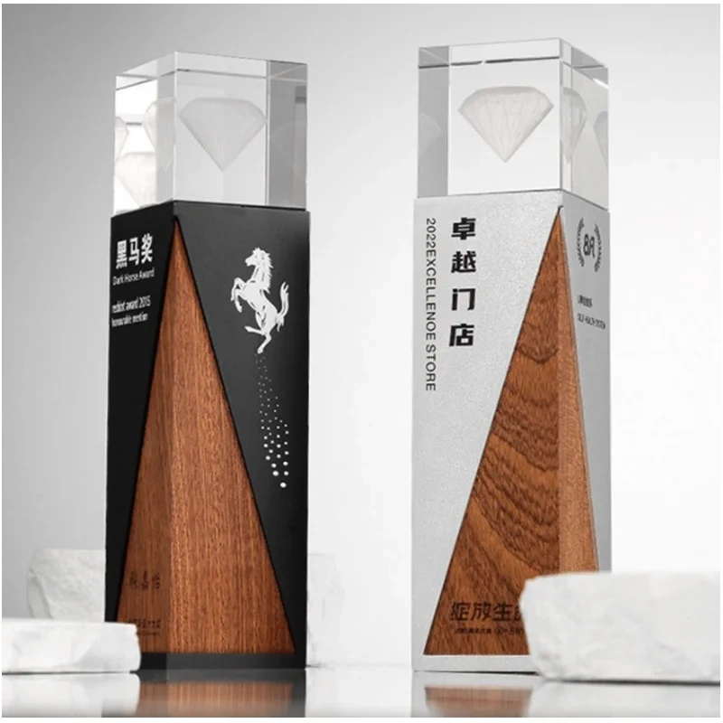 Shining Crystal Craft Custom Design K9 Crystal Glass Trophy Wood Award for Employee Recognition Metal Awards With Gift Box