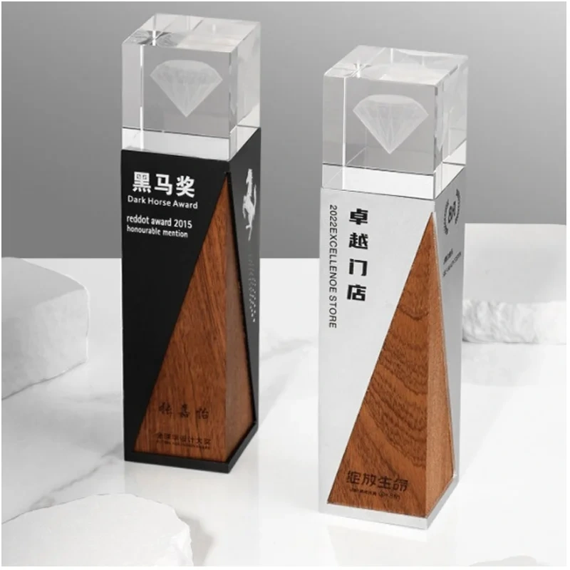 Shining Crystal Craft Custom Design K9 Crystal Glass Trophy Wood Award for Employee Recognition Metal Awards With Gift Box