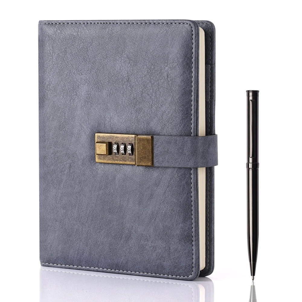 FSC ISO Certifications Custom Company Logo A5 B6 Password Journal Girls Lockable Diary Grey Leather Notebook with Lock