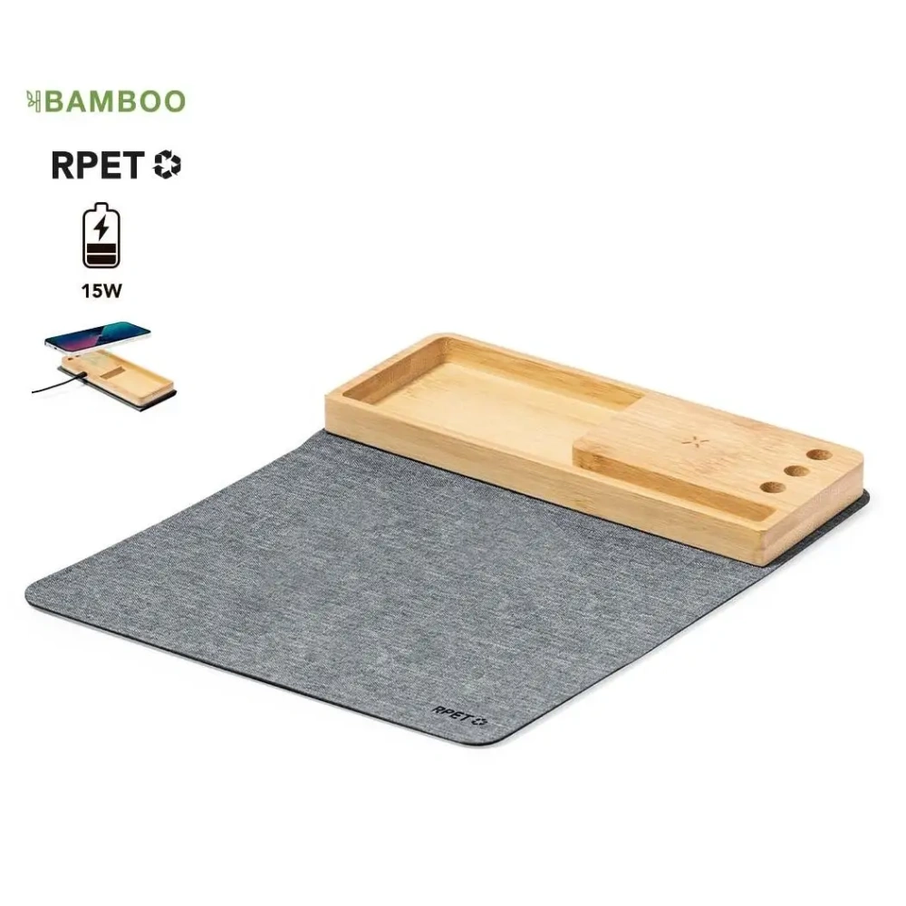 Multifunction Bamboo Wireless Charger With Pen Holder,15W Wireless Charging With Mousepad,Storage Compartment for Home Office