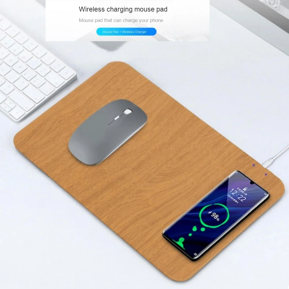 Hot-Selling 15W Wireless Wood Grain Mouse Pad Creative Desktop Office Computer Accessory Fast Charger Cross-Border Product