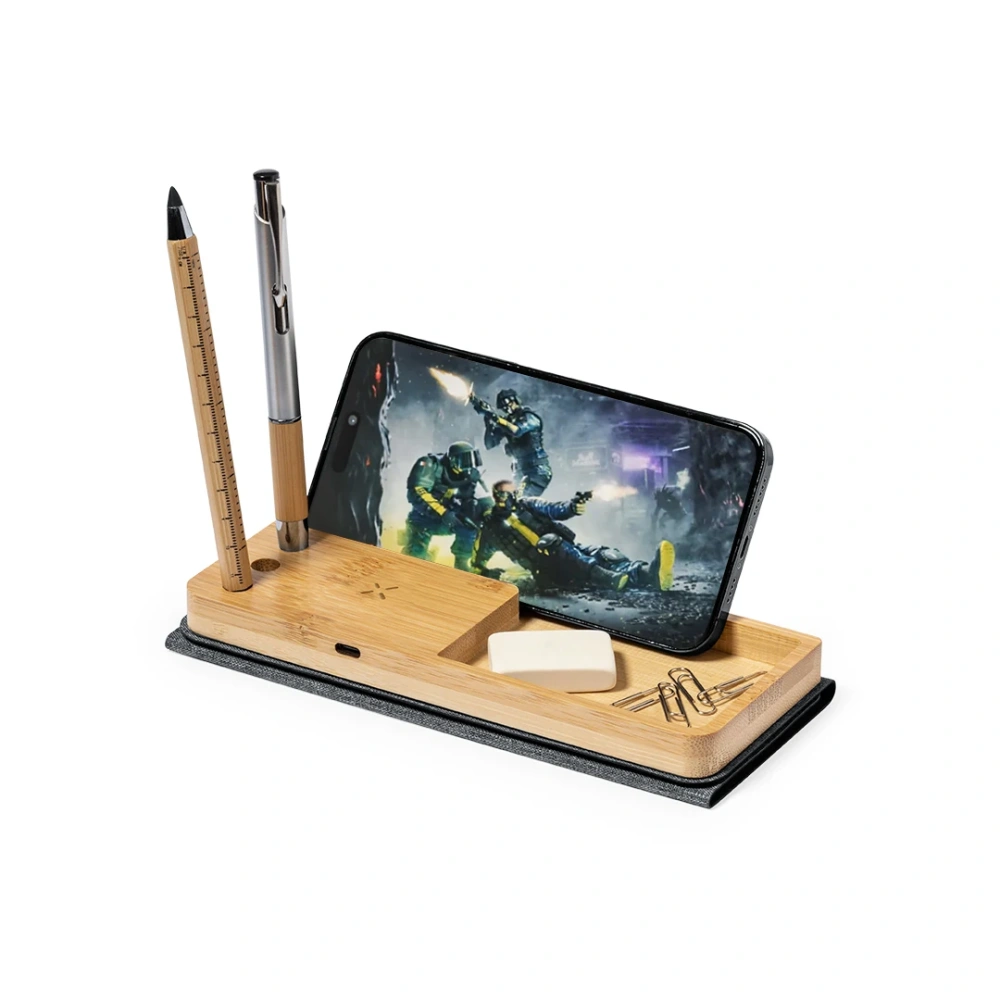 Multifunction Bamboo Wireless Charger With Pen Holder,15W Wireless Charging With Mousepad,Storage Compartment for Home Office