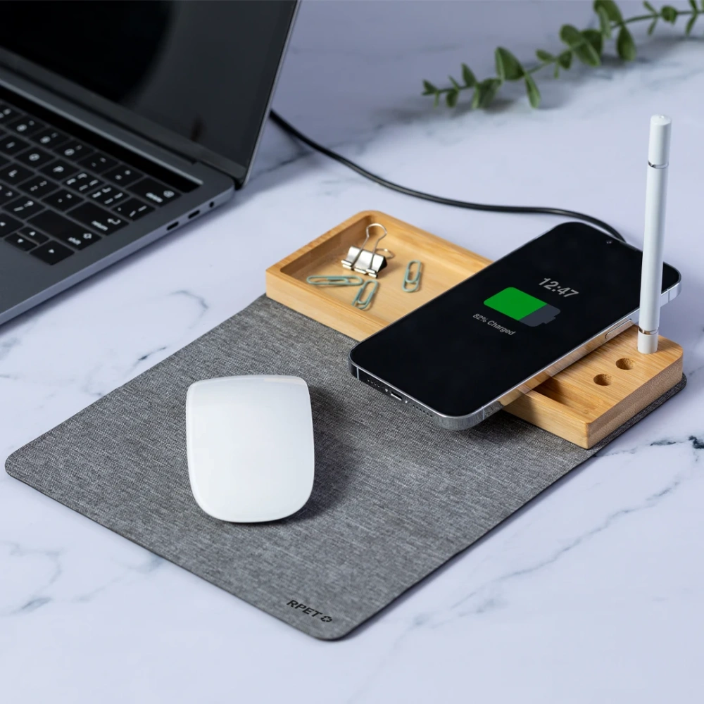 Multifunction Bamboo Wireless Charger With Pen Holder,15W Wireless Charging With Mousepad,Storage Compartment for Home Office