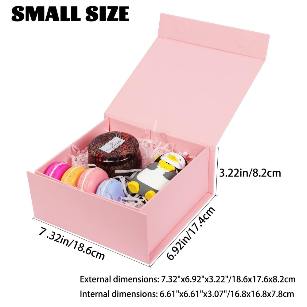 Gift Boxes with Lids 5 Pack, 7.3x6.9x3.2 Inch Magnetic Pink Gift Box with Ribbon Card, Collapsible Boxes