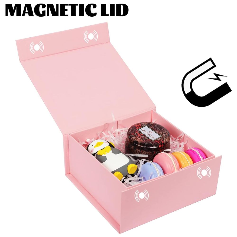 Gift Boxes with Lids 5 Pack, 7.3x6.9x3.2 Inch Magnetic Pink Gift Box with Ribbon Card, Collapsible Boxes