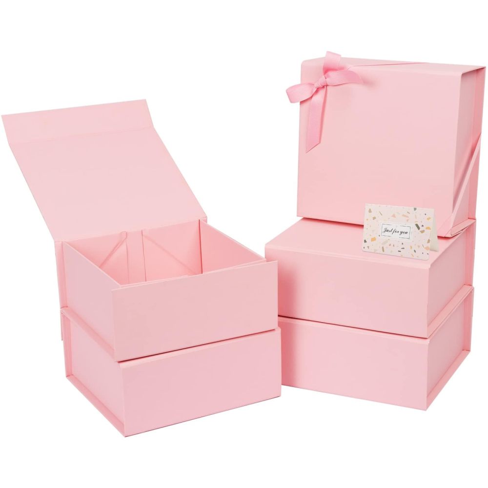 Gift Boxes with Lids 5 Pack, 7.3x6.9x3.2 Inch Magnetic Pink Gift Box with Ribbon Card, Collapsible Boxes