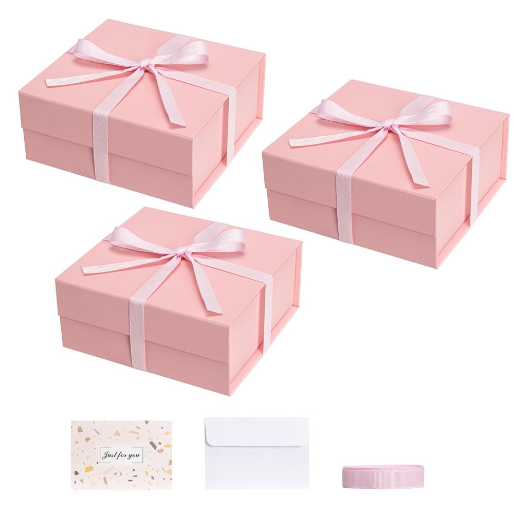 Gift Boxes with Lids 5 Pack, 7.3x6.9x3.2 Inch Magnetic Pink Gift Box with Ribbon Card, Collapsible Boxes