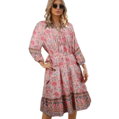 Cross border new Amazon hot selling women's clothing European and American foreign trade cotton lace up printed Bohemian dress