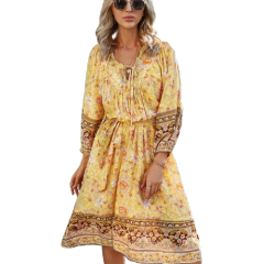 Cross border new Amazon hot selling women's clothing European and American foreign trade cotton lace up printed Bohemian dress