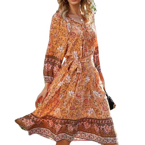 Cross border new Amazon hot selling women's clothing European and American foreign trade cotton lace up printed Bohemian dress