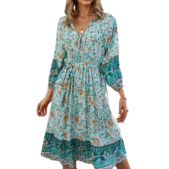 Cross border new Amazon hot selling women's clothing European and American foreign trade cotton lace up printed Bohemian dress