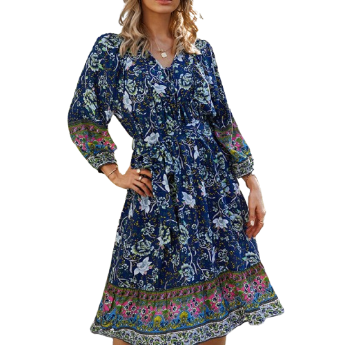 Cross border new Amazon hot selling women's clothing European and American foreign trade cotton lace up printed Bohemian dress